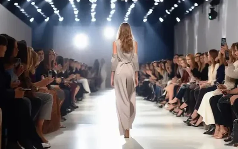 Modenschau mit Auditorium, Model im Abendkleid am Laufsteig, Schweinwerferlicht