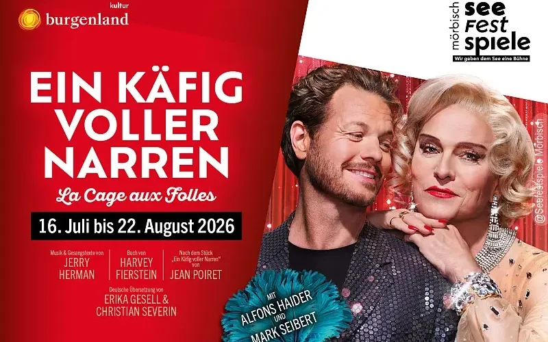 Sujet zum Musical "Ein Käfig voller Narren" bei den Seefestspielen Mörbisch 2026: Porträt zweier Männer, einer davon als Drag Queen, roter Hintergrund