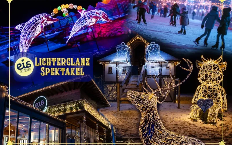 Werbesujet für Lichterglanz Spektakel bei Eis Greissler in Krumbach mit beleuchteten Skulputuren und Gebäuden und Menschen auf einem Eislaufplatz