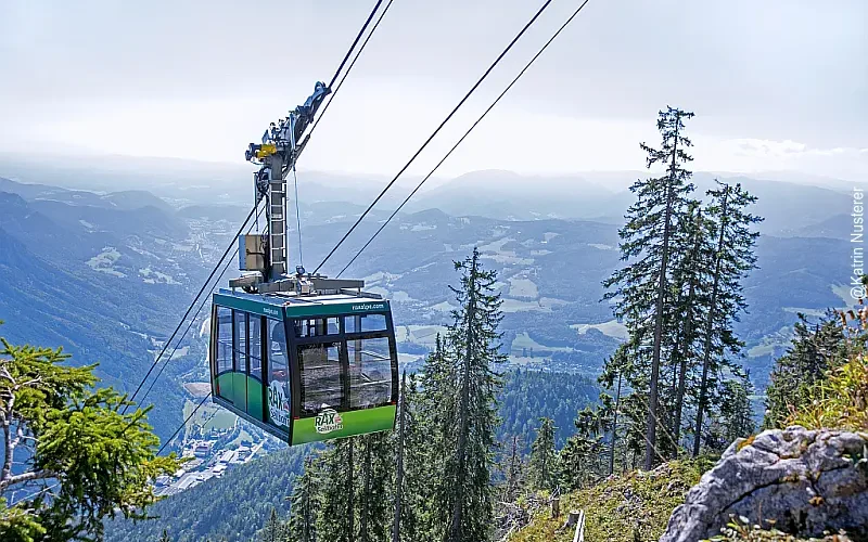 Seilbahngondel auf Stahlseilen, im Hintergrund ein Ort im Tal, im Vordergrund Tannenbäume und grüne Wiesen