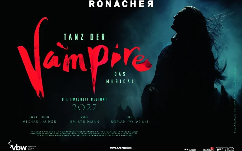 Motiv zu „Tanz der Vampire“ im Wiener Ronacher mit rotem Musical-Schriftzug und düsterer Vampirfigur