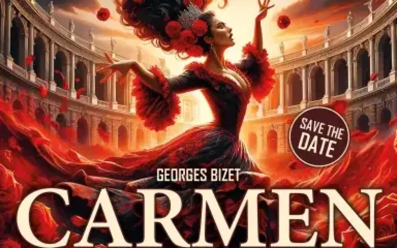 Sujet Carmen mit einer Tänzerin mit wallendem schwarzen Haar, im Hintergrund eine beleuchtete Arena, rote Blüten fallen vom Himmel